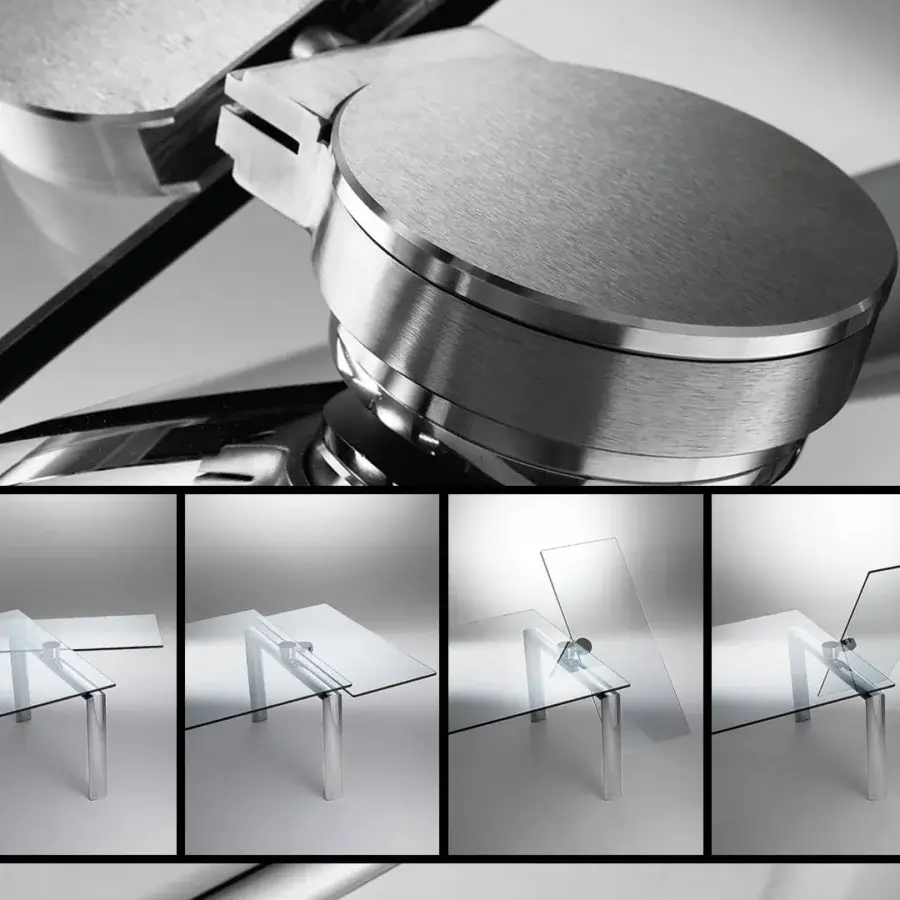 Distinguished Reflex Policleto Re-edition table with transparent tempered glass top and curved transparent glass legs in polished silver finish
