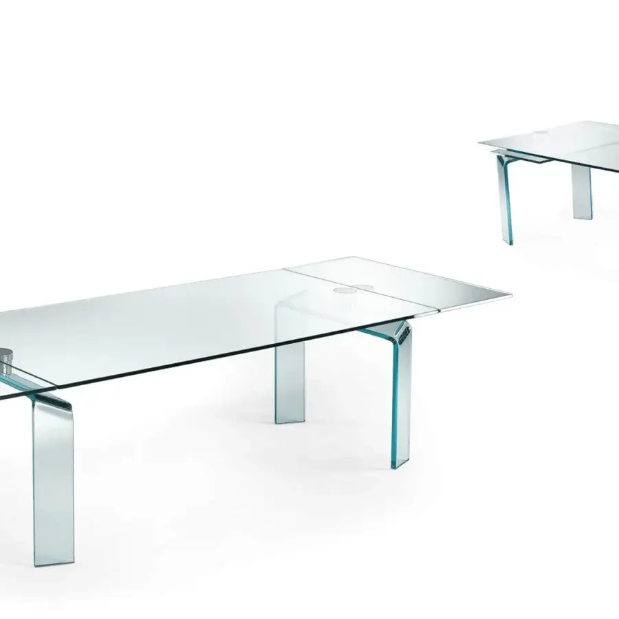Superior Reflex Policleto Re-edition table with transparent tempered glass top and polished curved glass legs