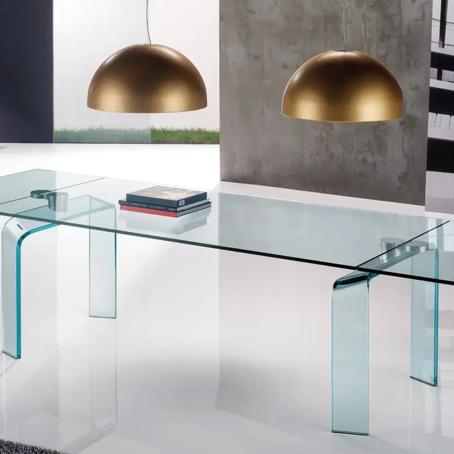 Distinguished Reflex Policleto Re-edition table with transparent tempered glass top and curved glass legs in blue-green tints
