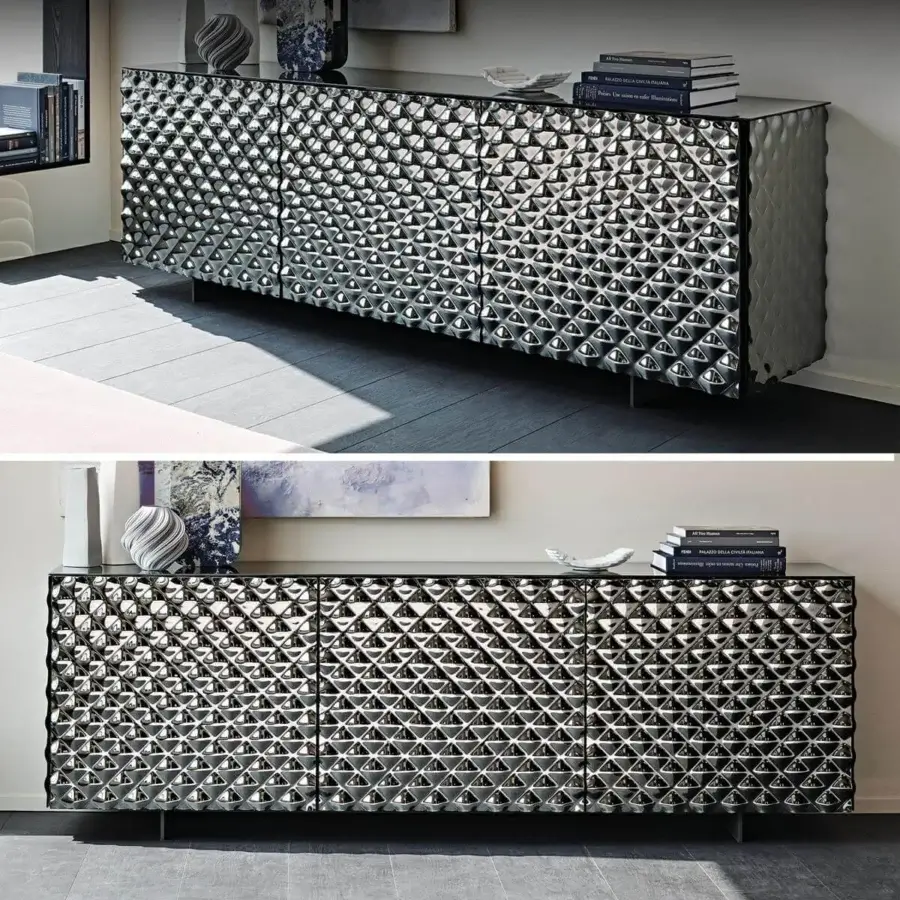 Captivating Cattelan Italia Vivaldi sideboard with quilted mirrored glass and graphite lacquered wood finish