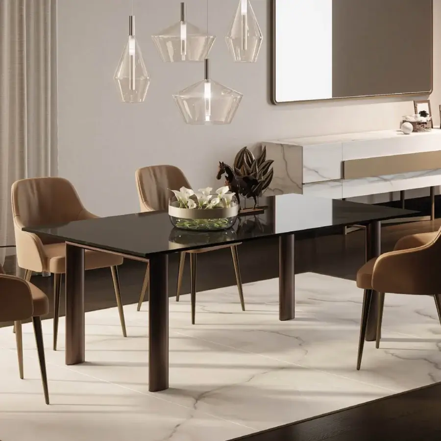 Exceptional Reflex Policleto table with transparent tempered glass top and smooth matte brown oval legs crafted in Italy