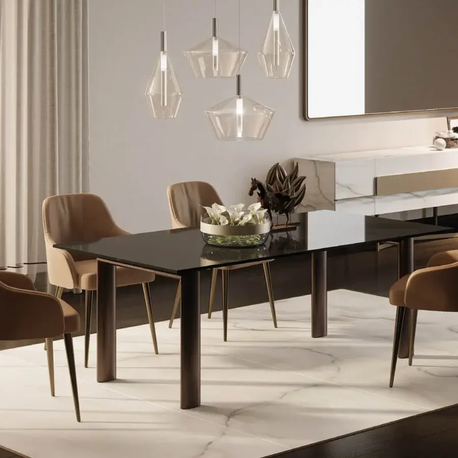 Superior Reflex Policleto table with rectangular glass top and substantial dark brown matte wood legs