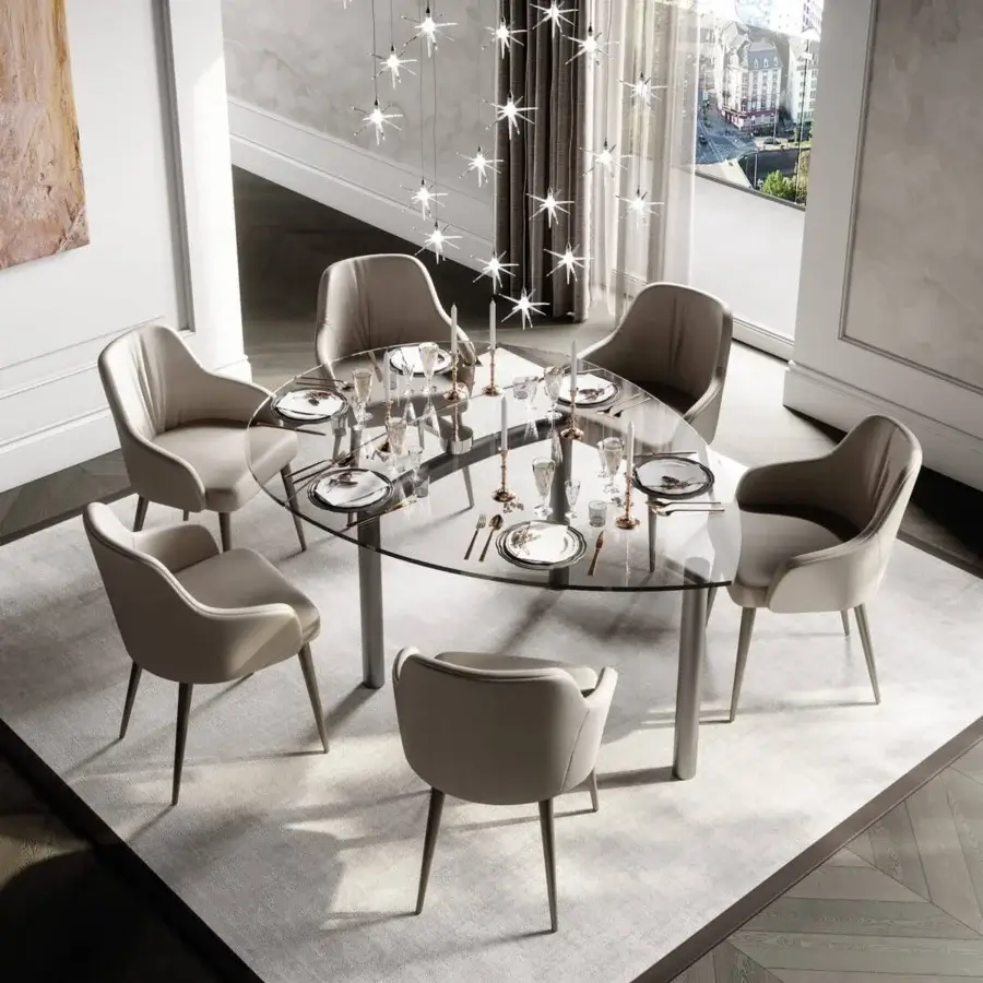 Superior Reflex Policleto table with shaped tempered glass top and brushed stainless steel legs crafted with polished edges