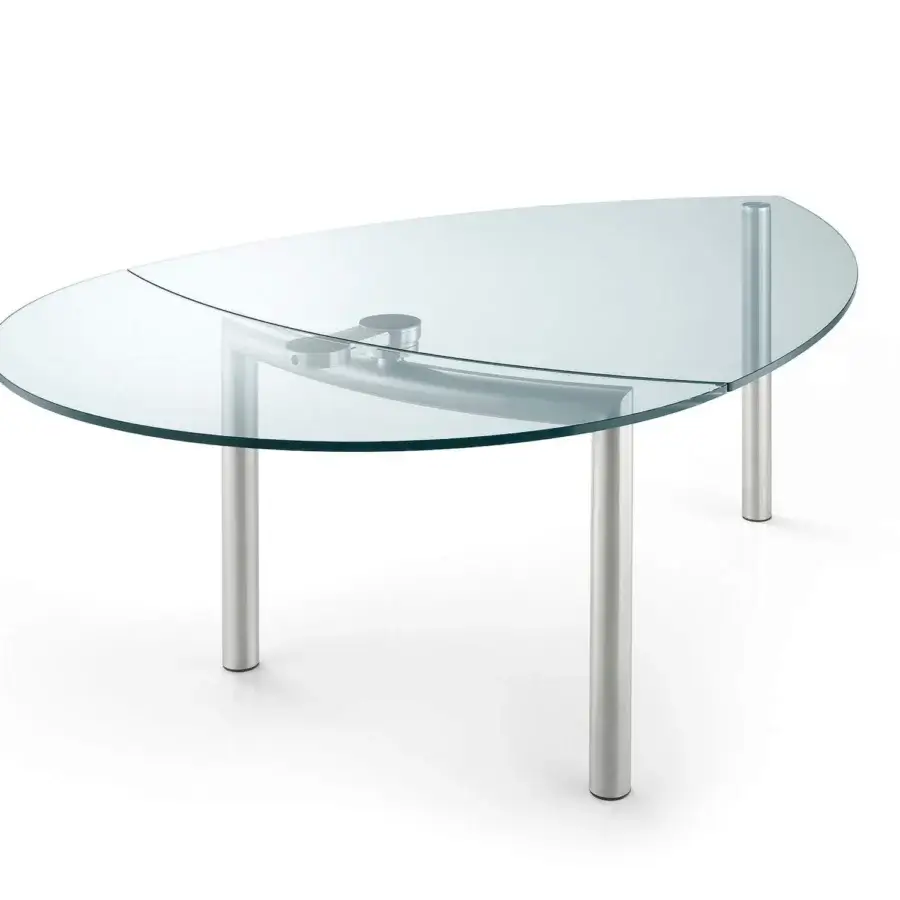 Distinguished Reflex Policleto table with shaped tempered glass top and brushed stainless steel legs crafted in Italy