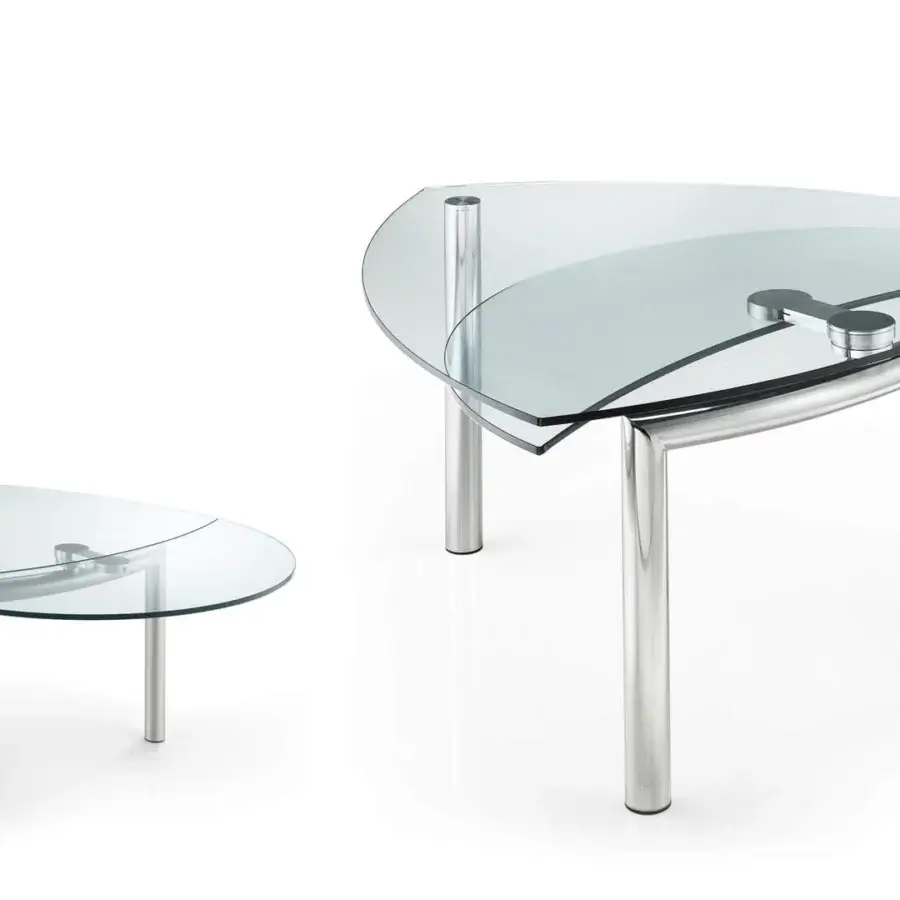 Superior Reflex Policleto table with shaped tempered glass top and brushed stainless steel legs