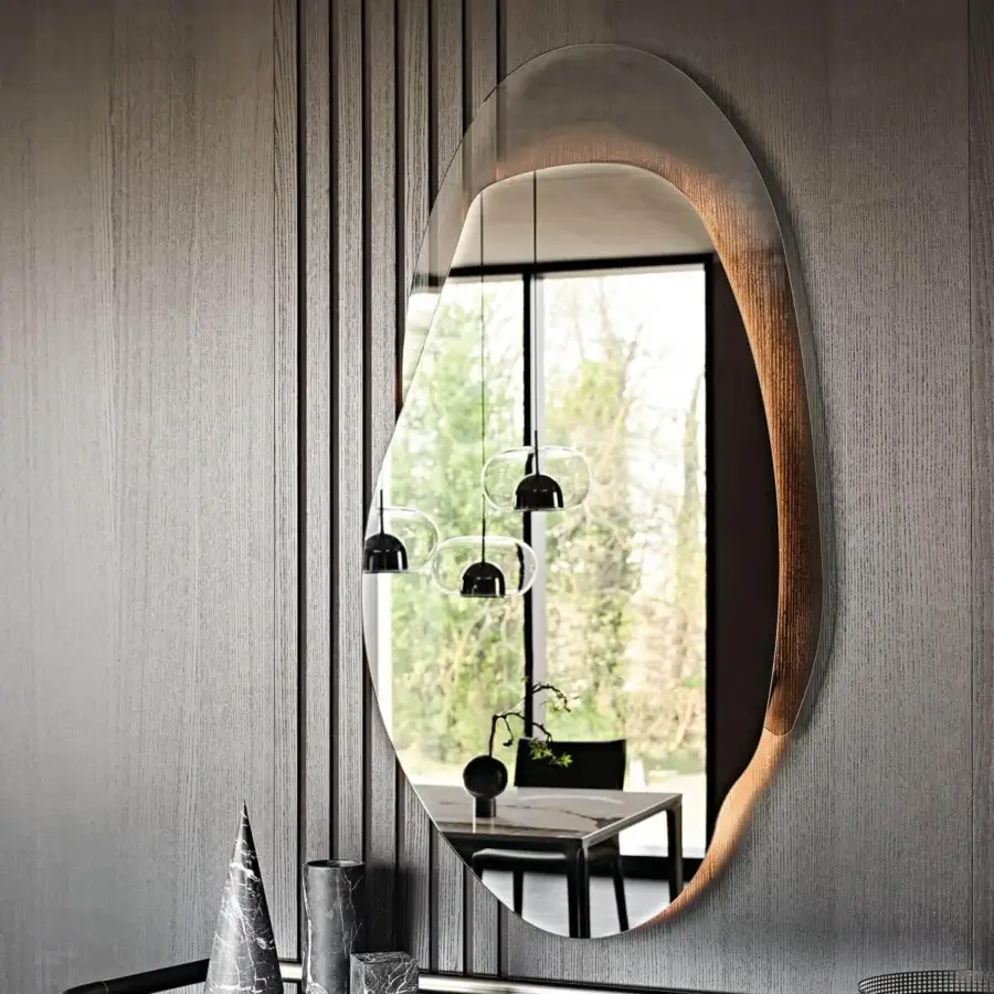 Elegant Cattelan Italia Akumal mirror crafted with fumé glass and light brown wood, exhibiting a two-level construction and organic shape