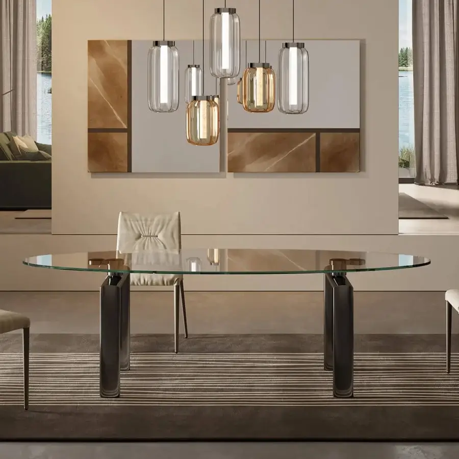 Distinguished Reflex Policleto table with a green-tinted tempered glass top and matte dark metal cylindrical legs