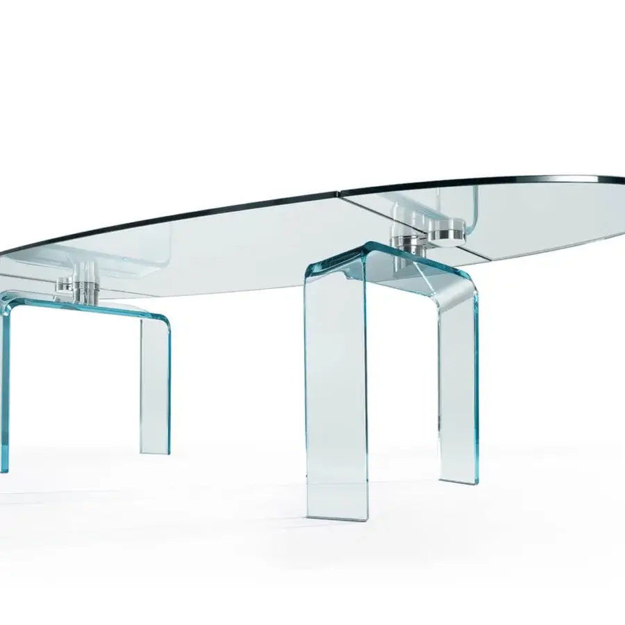 Exceptional Reflex Policleto table with a luxurious oval tempered glass top and uniquely formed transparent curved glass legs