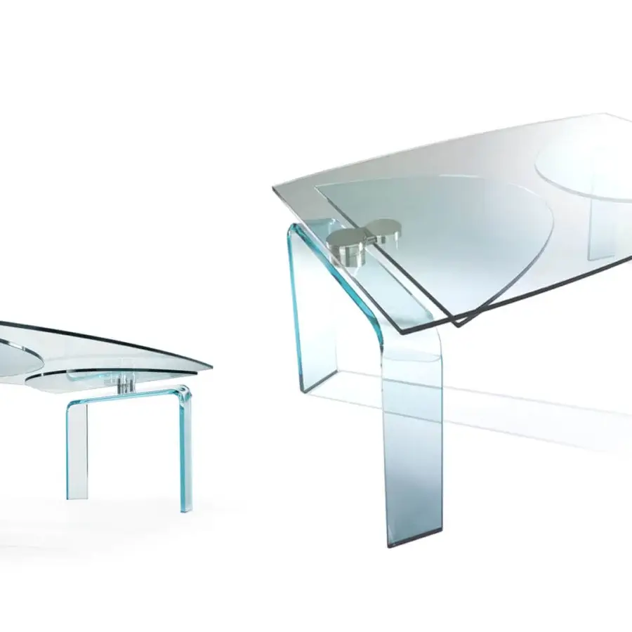 Distinguished Reflex Policleto table with a sleek oval tempered glass top and curved transparent glass legs