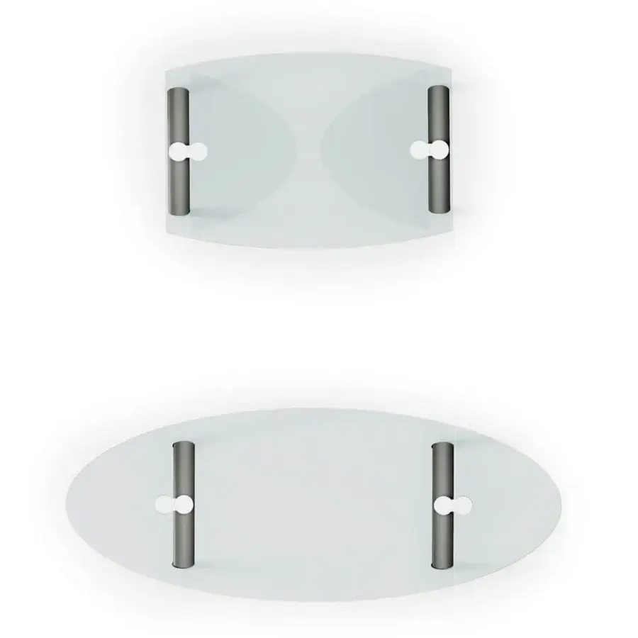 Superior Reflex Policleto table with a translucent oval tempered glass top and cylindrical matte metal supports