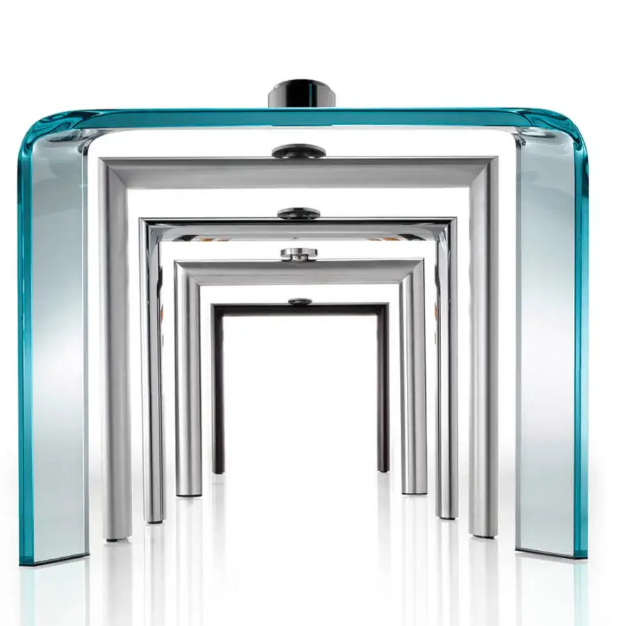 Distinguished Reflex Policleto table with a turquoise tinted tempered glass top and glossy metal legs creating a nesting arrangement