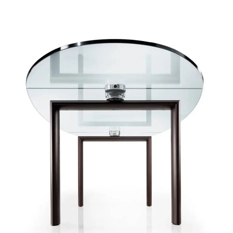 Superior Reflex Policleto table with a tempered glass top and glossy brown metal frame built with oval legs