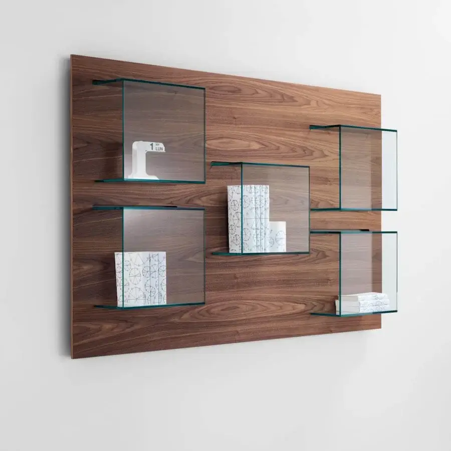 Superior Tonelli Design Dazibao bookcase with Canaletto walnut and transparent glass shelves presenting a minimalist aesthetic
