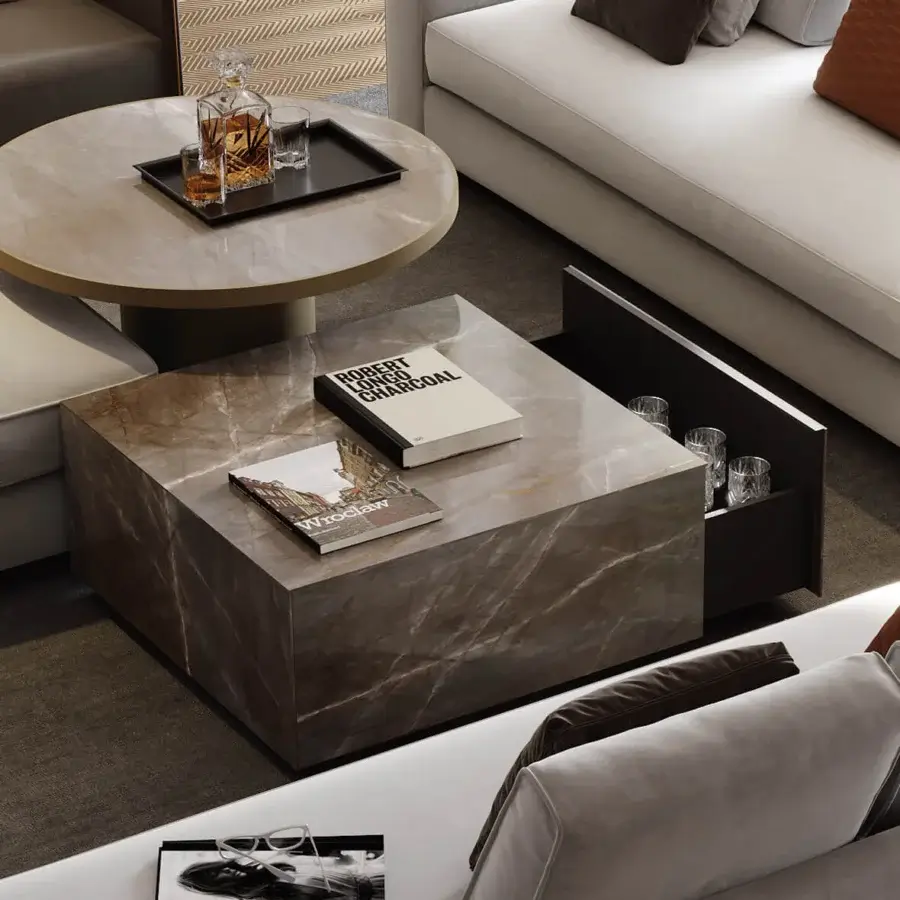 Exclusive Reflex Adone coffee table with Marble glass and internal wooden structure displaying a smooth glossy sheen