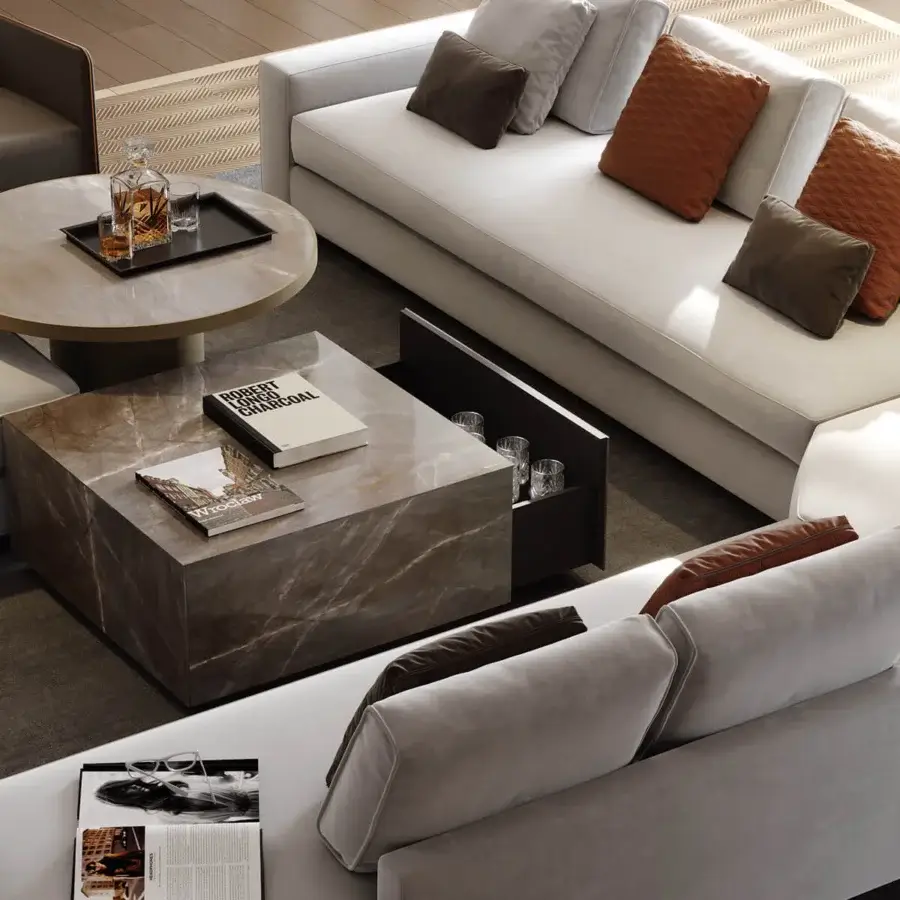 Exceptional Reflex Adone coffee table with dark mottled brown Marble glass and a pull-out drawer revealing interiors