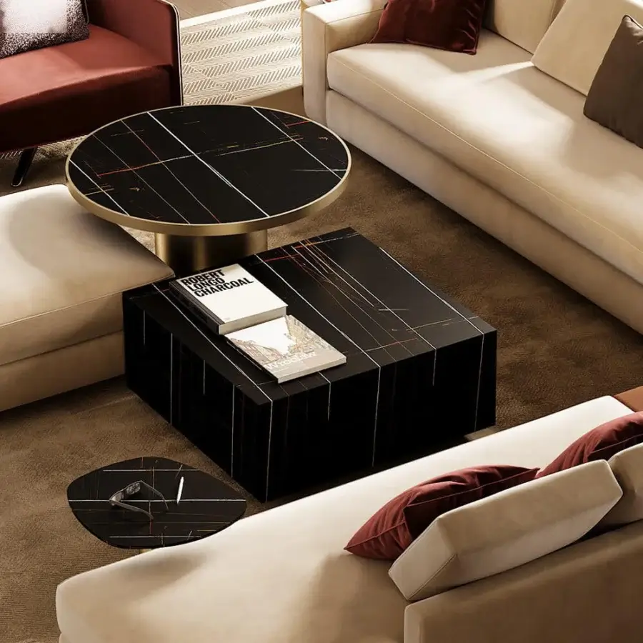 Distinguished Reflex Adone coffee table with glossy black Marble glass displaying reddish-brown and white linear patterns within a geometric form