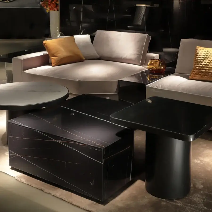 Sophisticated Reflex Adone coffee table with white Marble glass and internal wooden structure built for versatility
