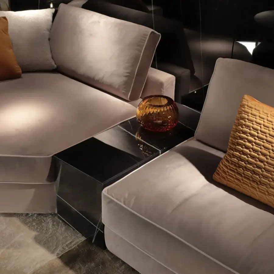 Avant-garde Reflex Adone coffee table with glossy Marble glass and dark material construction exhibiting angular design