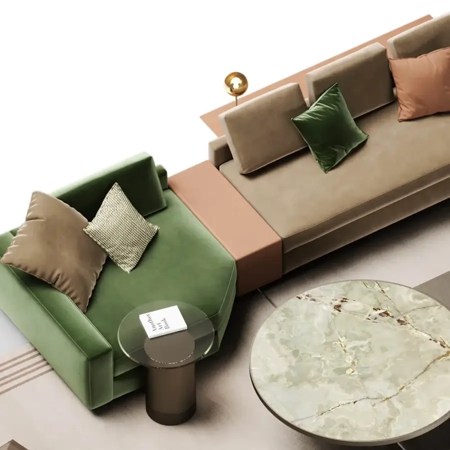 Superior Reflex Adone coffee table built with light green and white Marble glass and dark metal rim