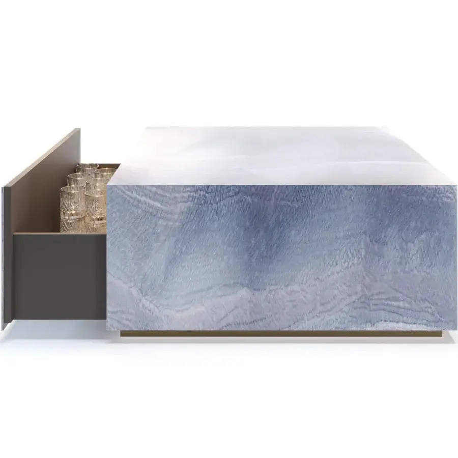 Exceptional Reflex Adone coffee table with swirling blue and white Marble glass and a dark gray matte drawer built with golden metal accents