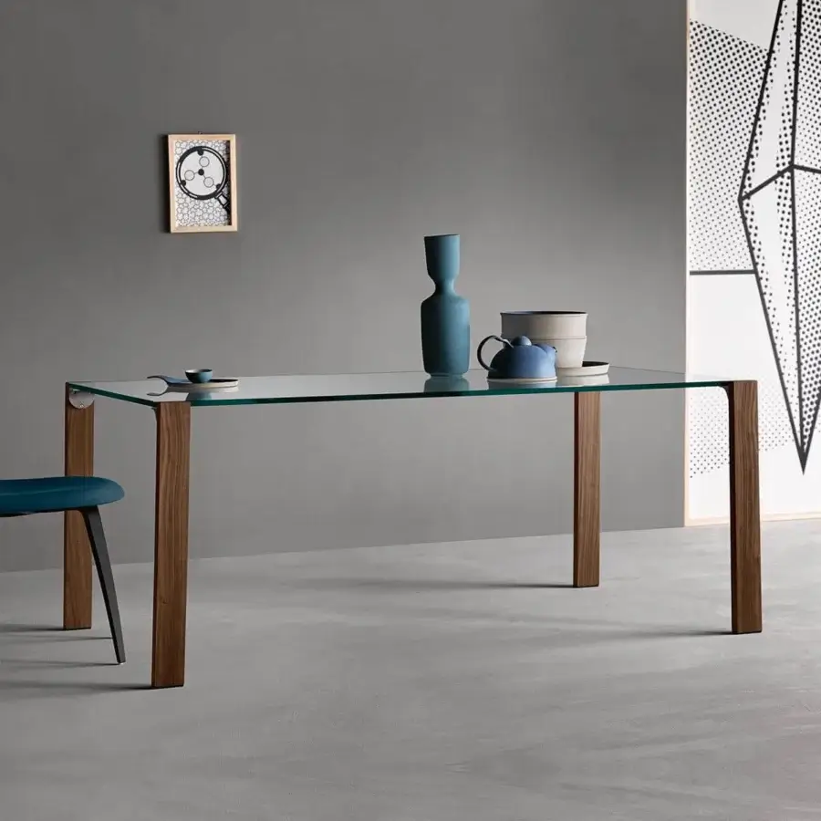 Distinctive Tonelli Design Livingstand table with tempered glass top and smooth medium-toned brown wooden legs
