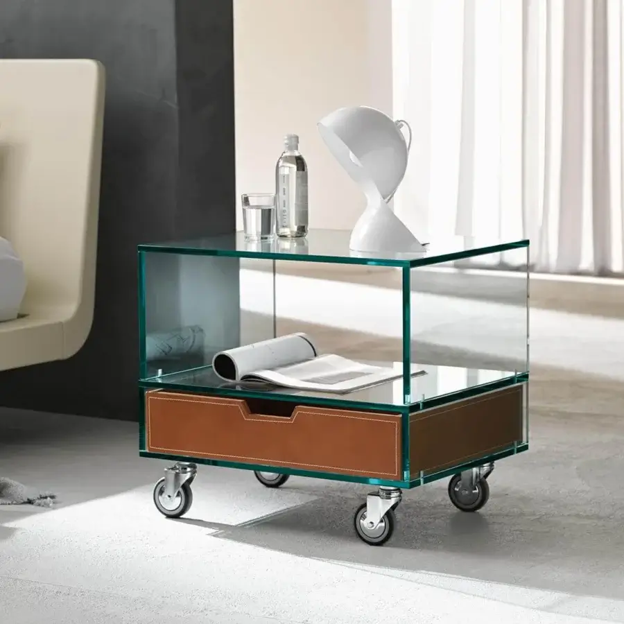 Exclusive Tonelli Design Grattacielo nightstand with clear glass panels and a brown drawer crafted in refined leather with white stitching