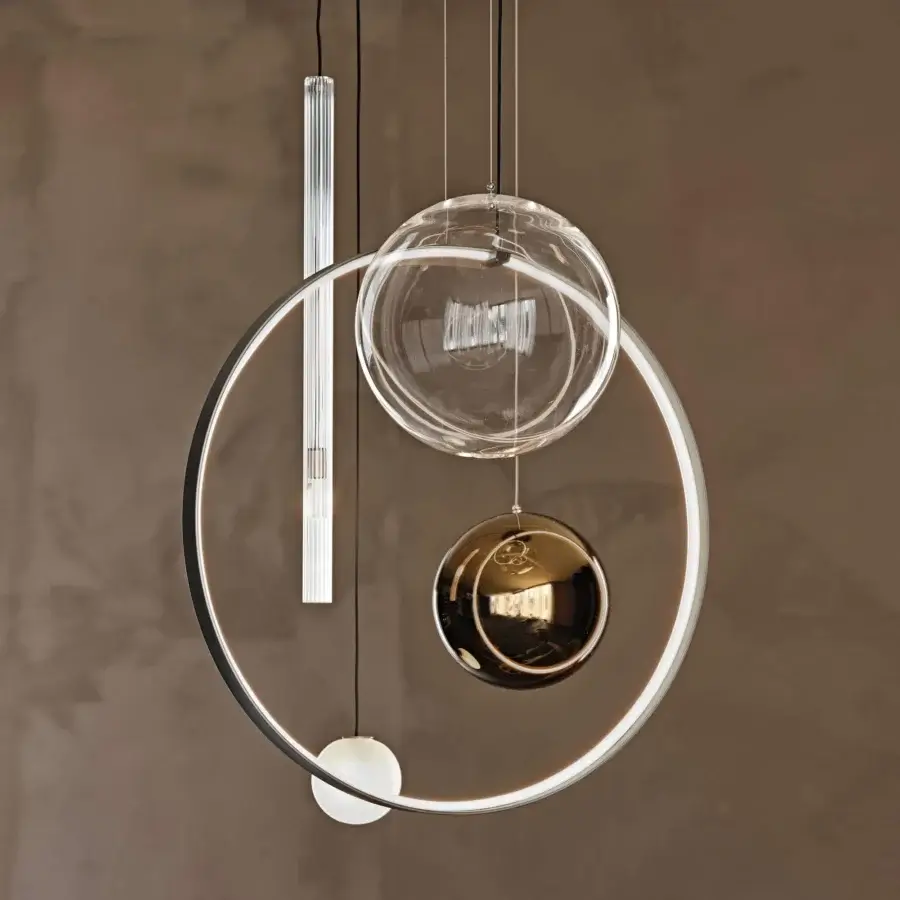Distinguished Cattelan Italia Biarritz suspension lamp with a satin iron grey steel ring and transparent, bronze, frosted glass lampshades