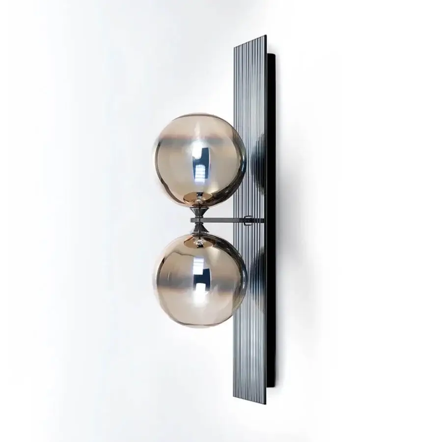 Sophisticated Reflex Bulles XL wall lamp with smoked mirror glass and satin metal support filtering warm metallic glass spheres