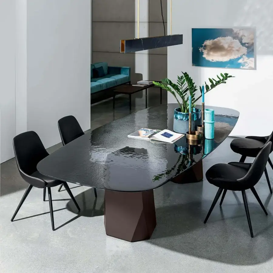 Distinguished Sovet Italia Deod table with ceramic laminated tabletop and matte brown lacquered metal geometric bases