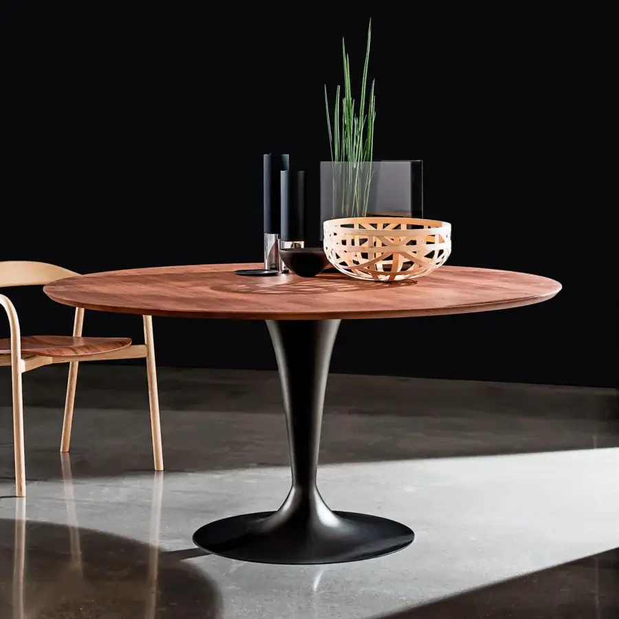 Exclusive Sovet Italia Flute round table with brown wood top and sleek dark lacquered metal base