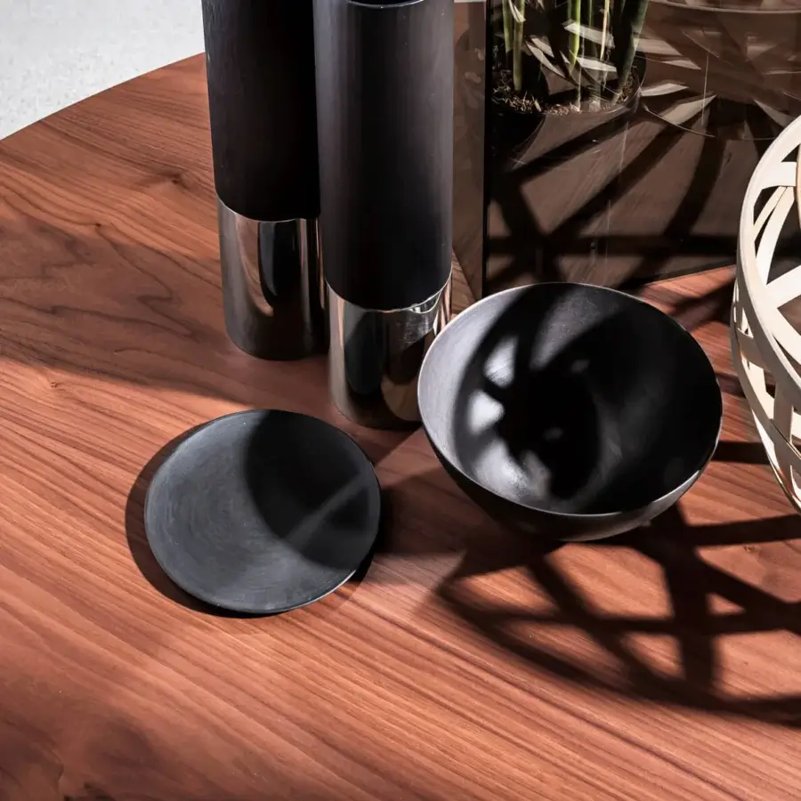 Distinguished Sovet Italia Flute round table with warm brown wood surface and smooth matte finish
