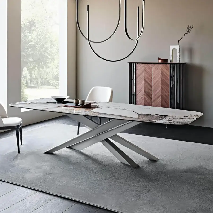Distinguished Cattelan Italia Lancer table with glossy ceramic Marmi and matte silver embossed lacquered steel base