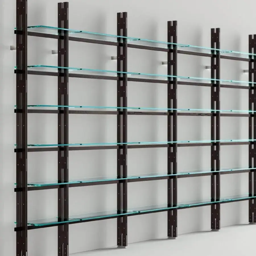 Exclusive Tonelli Design Hemingway bookcase with Siberian ash beams and extra clear glass shelves offering open storage