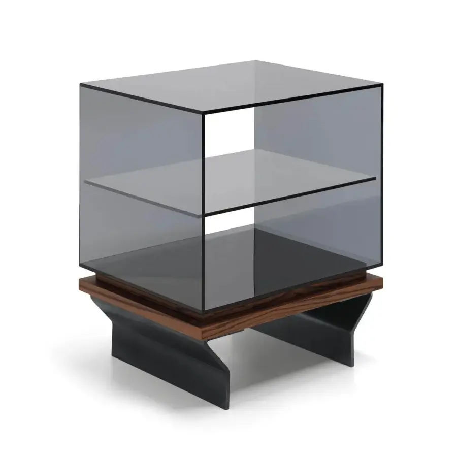 Superior Arketipo Soho nightstand with geometric form in smoked glass and satin wood finish with black base