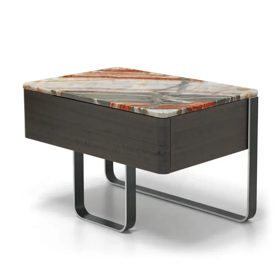 Distinguished Arketipo Effetto Notte nightstand with dark brown wood drawer and matte gray curved metal base topped with patterned orange and gray marble