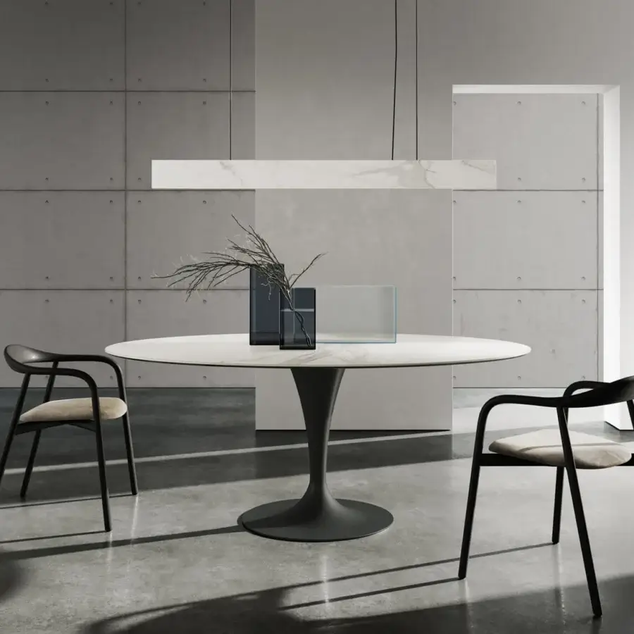 Superior Sovet Italia Flute elliptical table with lacquered metal base and crisp white tempered glass tabletop