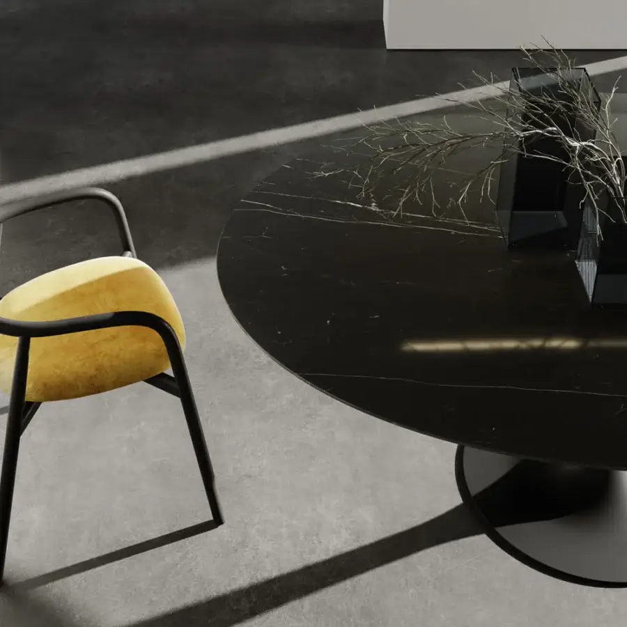 Distinguished Sovet Italia Flute elliptical table with black stone style tempered glass and dark matte lacquered metal base
