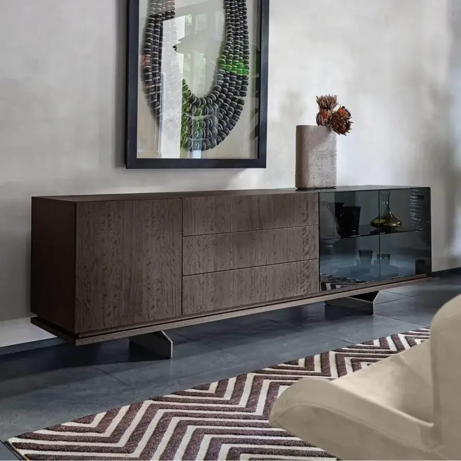 Exceptional Arketipo Brooklyn sideboard with eucalyptus wood and metal legs in a dark brown finish and smoked glass