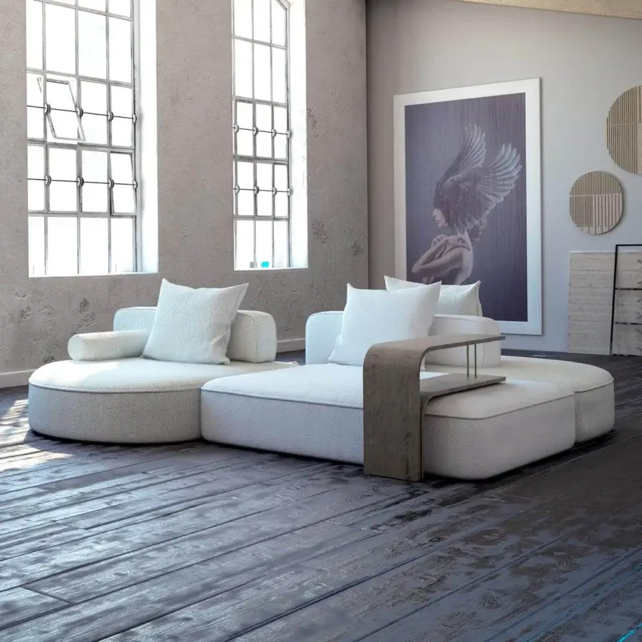 Innovative Arketipo Back Pack sectional with light textured textile and matte finish wooden side table
