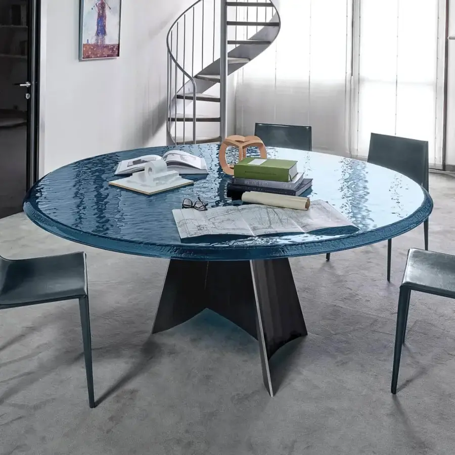 Exceptional Arketipo Avalon table with rippled deep blue glass top and dark matte finished metal base