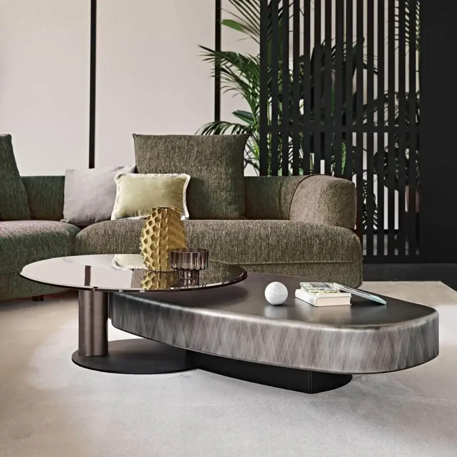 Superior Cattelan Italia Arena Long coffee table with brushed grey lacquered wood and black embossed lacquered steel base