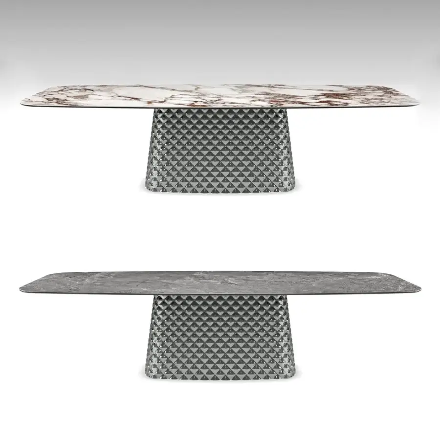 Distinguished Cattelan Italia Atrium table with ceramic Marmi top and quilted curved mirrored glass base in matte finish