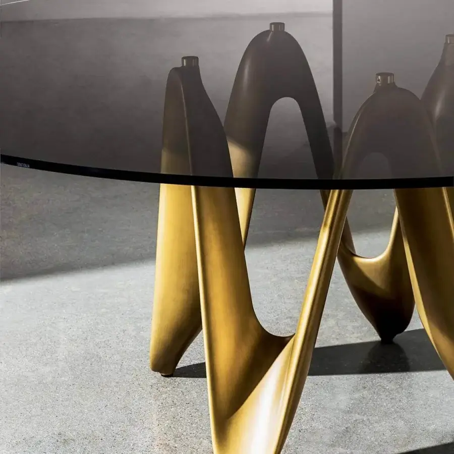 Superior Sovet Italia Lambda table with dark tinted tempered glass and burnished Cristalplant looping base