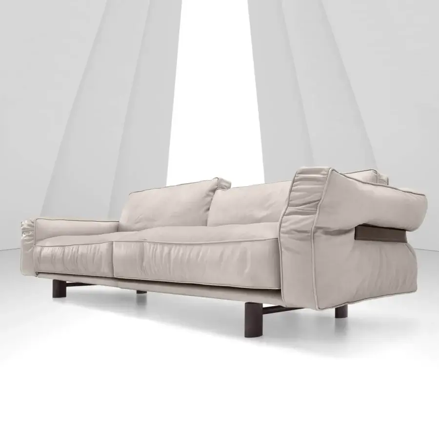 Harmonious Arketipo Close to Me sofa with light beige textile upholstery and wraparound leather belt detail