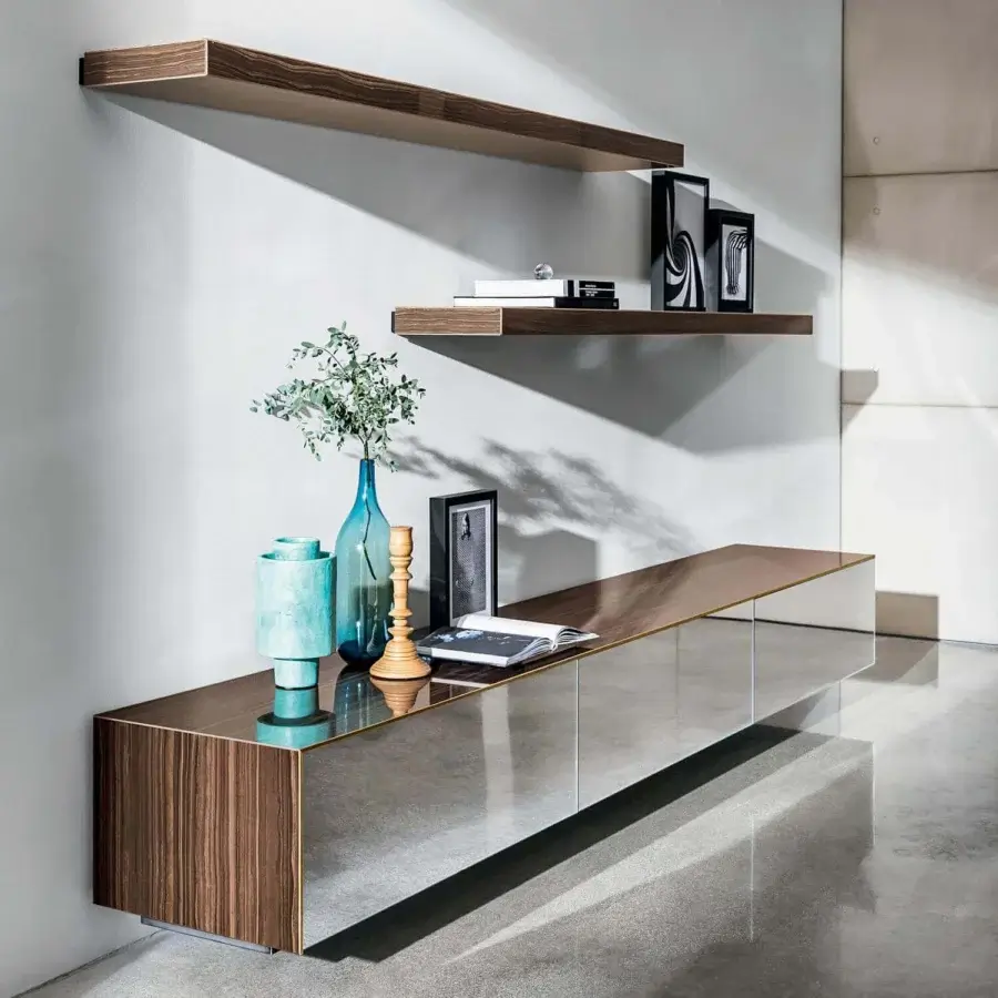 Superior Sovet Italia Magda suspended sideboard with reflective metallic ceramic and striped glossy wood, accented by light gold brass profile