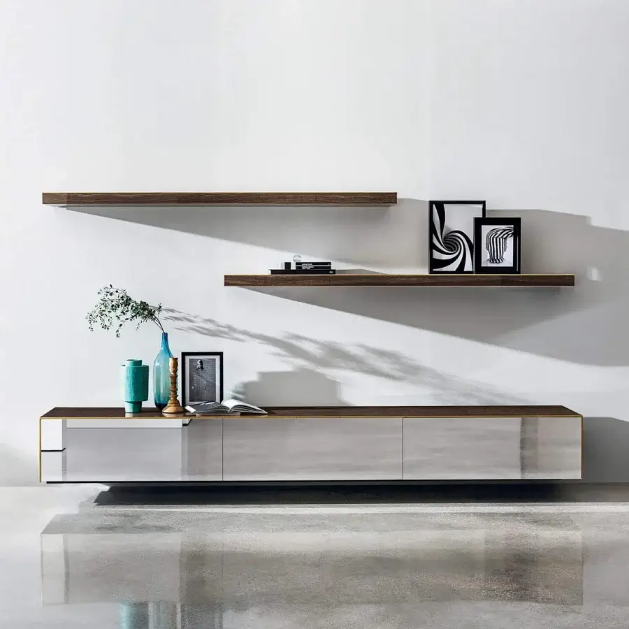 Elegant Sovet Italia Magda suspended sideboard with light gray ceramic fronts and dark brown wood, accented with brass trim