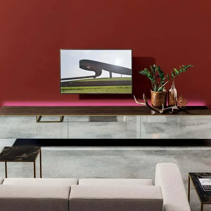 Distinguished Sovet Italia Magda suspended sideboard with light gray and dark brown wood-grain finish plus gold-colored metal accents