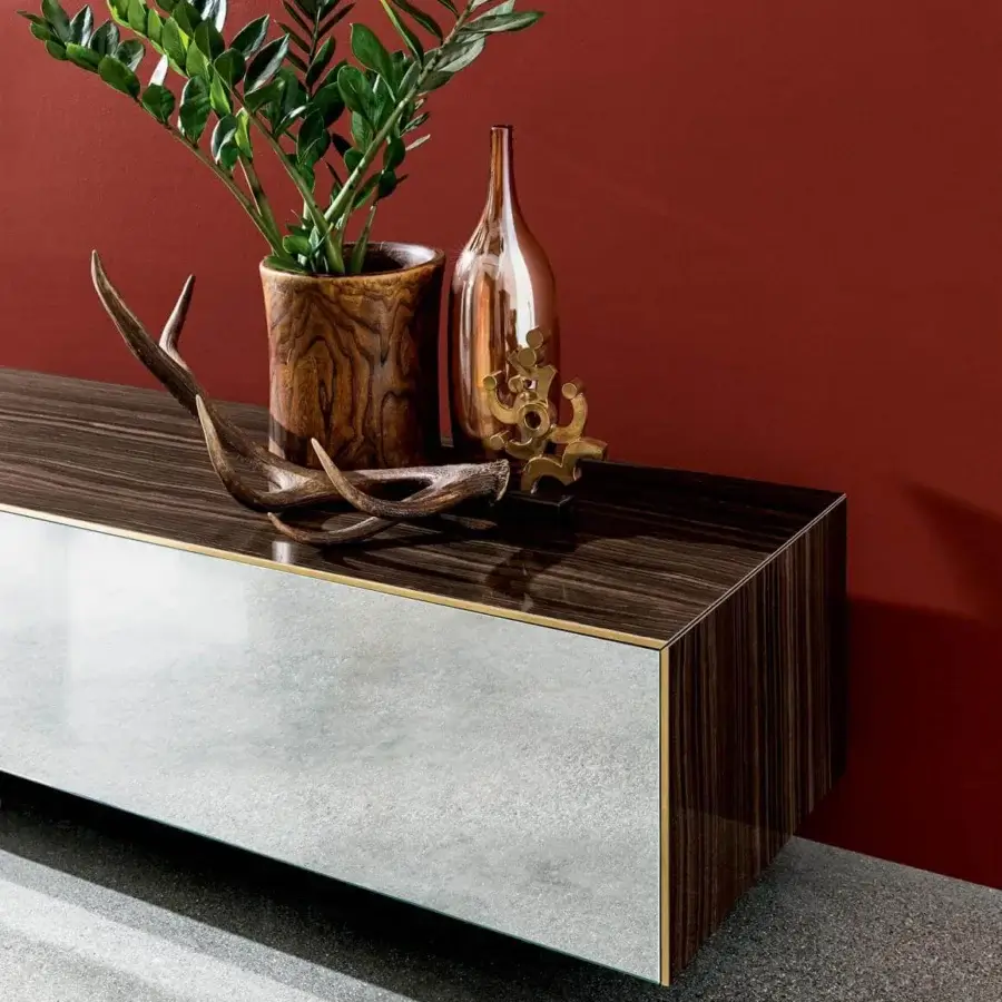 Superior Sovet Italia Magda suspended sideboard with dark brown glossy and lighter matte ceramic fronts with gold accents