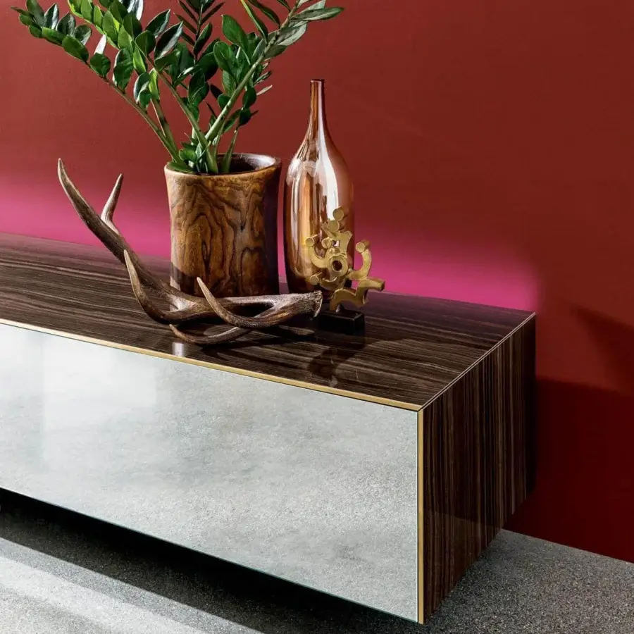 Lavish Sovet Italia Magda suspended sideboard with dark brown striped wood and light gray matte fronts crafted with a glossy finish