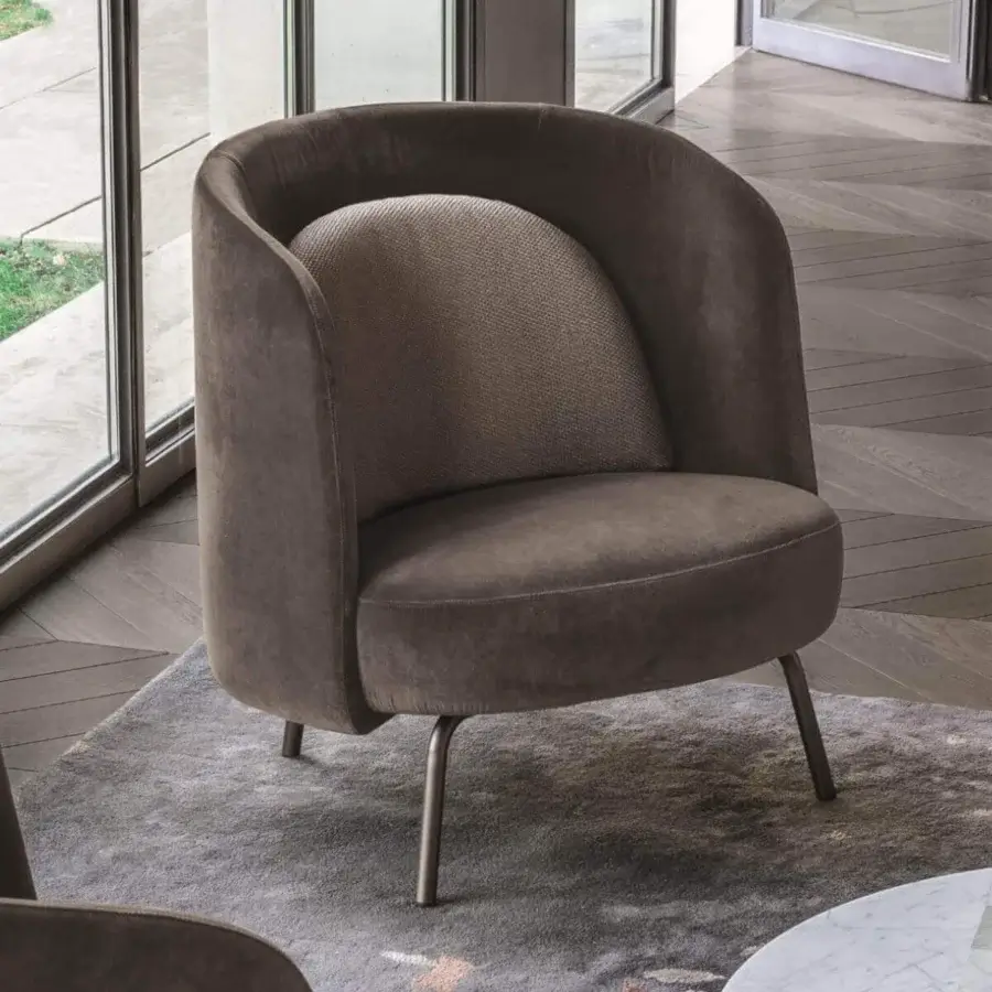Elegant Ditre Italia Lucia lounge chair with curved silhouette and smooth brown velvet upholstery in satin finish metal legs